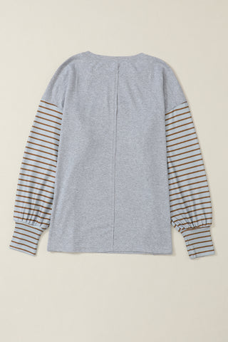 Gray Colorblock Striped Bishop Sleeve Top, A Blissfully Beautiful Boutique - A Blissfully Beautiful Boutique