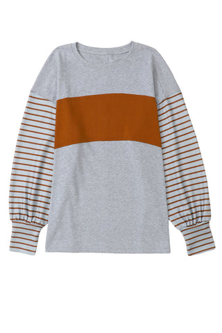 Gray Colorblock Striped Bishop Sleeve Top, A Blissfully Beautiful Boutique - A Blissfully Beautiful Boutique