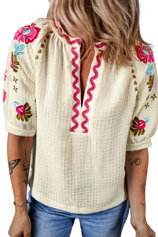 Beige Floral Embroidered Ricrac Puff Sleeve Textured Blouse, A Blissfully Beautiful Boutique - A Blissfully Beautiful Boutique