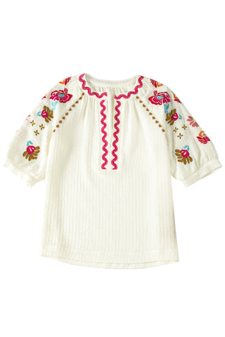Beige Floral Embroidered Ricrac Puff Sleeve Textured Blouse, A Blissfully Beautiful Boutique - A Blissfully Beautiful Boutique