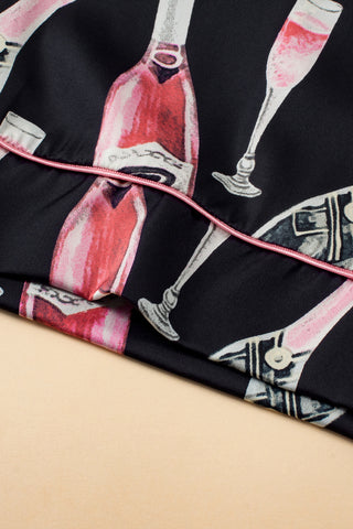 Black Champagne Print Silky Short Sleeve Pajamas Set, A Blissfully Beautiful Boutique - A Blissfully Beautiful Boutique