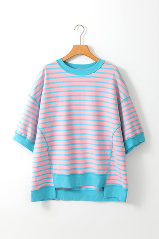 Pink Stripe Oversized Contrast Trim Exposed Seam High Low T Shirt, A Blissfully Beautiful Boutique - A Blissfully Beautiful Boutique