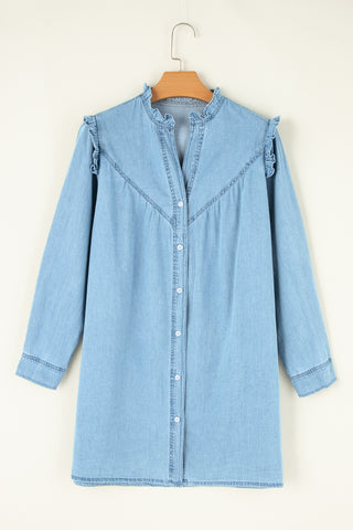 Myosotis Ruffled V Neck Buttoned Shift Denim Dress, A Blissfully Beautiful Boutique - A Blissfully Beautiful Boutique