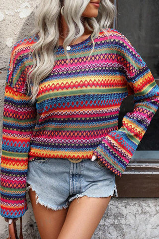Rose Red Multicolor Jacquard Geo Long Sleeve T Shirt, A Blissfully Beautiful Boutique - A Blissfully Beautiful Boutique