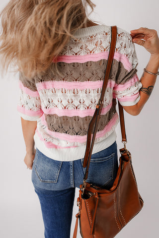 Brown Stripe Color Block Hollow Out Crochet Half Sleeve Sweater, A Blissfully Beautiful Boutique - A Blissfully Beautiful Boutique