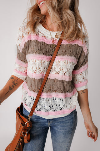 Brown Stripe Color Block Hollow Out Crochet Half Sleeve Sweater, A Blissfully Beautiful Boutique - A Blissfully Beautiful Boutique
