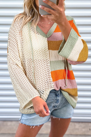 Beige Oversized Colorblock V Neck Hooded Sweater, A Blissfully Beautiful Boutique - A Blissfully Beautiful Boutique