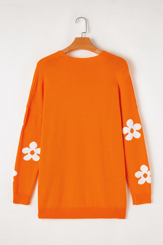 Orange Floral Print Knitted Open Front Loose Cardigan, A Blissfully Beautiful Boutique - A Blissfully Beautiful Boutique