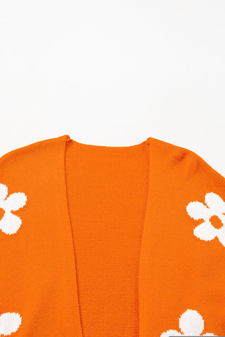 Orange Floral Print Knitted Open Front Loose Cardigan, A Blissfully Beautiful Boutique - A Blissfully Beautiful Boutique