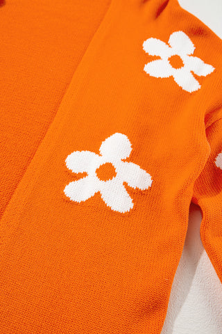 Orange Floral Print Knitted Open Front Loose Cardigan, A Blissfully Beautiful Boutique - A Blissfully Beautiful Boutique