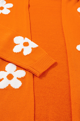 Orange Floral Print Knitted Open Front Loose Cardigan, A Blissfully Beautiful Boutique - A Blissfully Beautiful Boutique