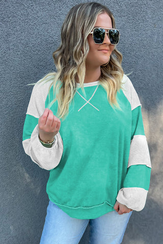 Aruba Blue Colorblock Patchwork Cross Seam Plus Sweatshirt, A Blissfully Beautiful Boutique - A Blissfully Beautiful Boutique