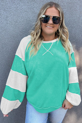 Aruba Blue Colorblock Patchwork Cross Seam Plus Sweatshirt, A Blissfully Beautiful Boutique - A Blissfully Beautiful Boutique
