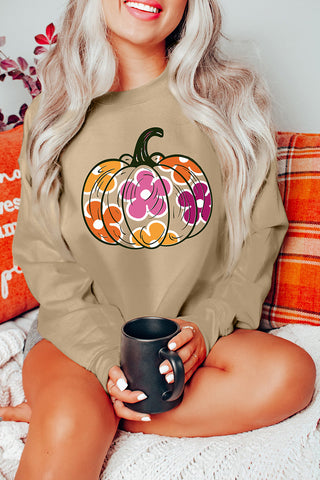 Khaki Halloween Floral Pumpkin Graphic Drop Shoulder Sweatshirt, A Blissfully Beautiful Boutique - A Blissfully Beautiful Boutique