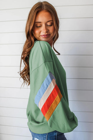 Moonlight Jade Rainbow Striped Sleeve Crew Neck Loose Sweatshirt, A Blissfully Beautiful Boutique - A Blissfully Beautiful Boutique