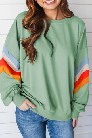 Moonlight Jade Rainbow Striped Sleeve Crew Neck Loose Sweatshirt, A Blissfully Beautiful Boutique - A Blissfully Beautiful Boutique
