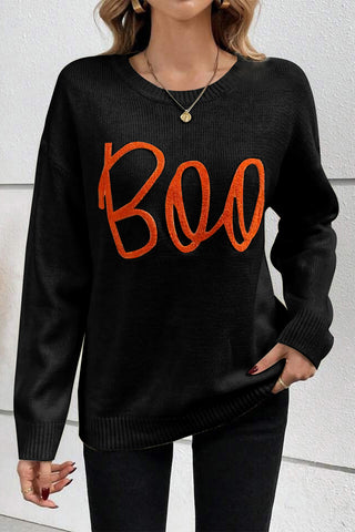 Black Boo Knitted Pattern Ribbed Edge Drop Shoulder Sweater, A Blissfully Beautiful Boutique - A Blissfully Beautiful Boutique