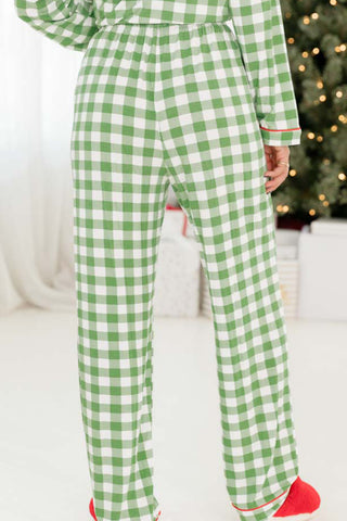 Light Green Christmas Plaid Print Shirt and Pants Pajama Set, A Blissfully Beautiful Boutique - A Blissfully Beautiful Boutique