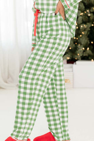 Light Green Christmas Plaid Print Shirt and Pants Pajama Set, A Blissfully Beautiful Boutique - A Blissfully Beautiful Boutique