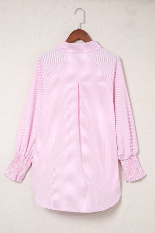 Pink Smocked Cuffed Striped Boyfriend Shirt with Pocket, A Blissfully Beautiful Boutique - A Blissfully Beautiful Boutique