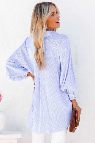 Sky Blue Smocked Cuffed Striped Boyfriend Shirt with Pocket, A Blissfully Beautiful Boutique - A Blissfully Beautiful Boutique