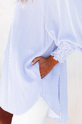 Sky Blue Smocked Cuffed Striped Boyfriend Shirt with Pocket, A Blissfully Beautiful Boutique - A Blissfully Beautiful Boutique