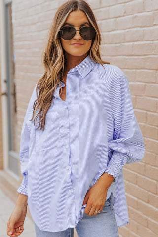 Sky Blue Smocked Cuffed Striped Boyfriend Shirt with Pocket, A Blissfully Beautiful Boutique - A Blissfully Beautiful Boutique