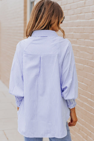 Sky Blue Smocked Cuffed Striped Boyfriend Shirt with Pocket, A Blissfully Beautiful Boutique - A Blissfully Beautiful Boutique