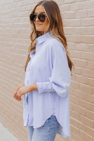 Sky Blue Smocked Cuffed Striped Boyfriend Shirt with Pocket, A Blissfully Beautiful Boutique - A Blissfully Beautiful Boutique