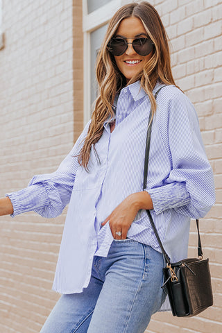 Sky Blue Smocked Cuffed Striped Boyfriend Shirt with Pocket, A Blissfully Beautiful Boutique - A Blissfully Beautiful Boutique