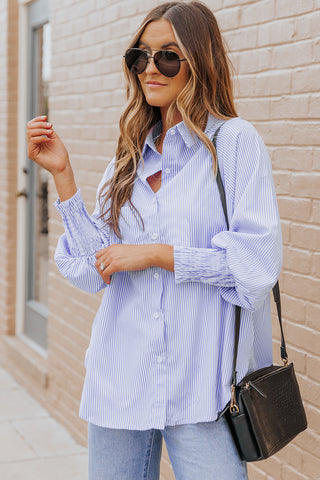 Sky Blue Smocked Cuffed Striped Boyfriend Shirt with Pocket, A Blissfully Beautiful Boutique - A Blissfully Beautiful Boutique