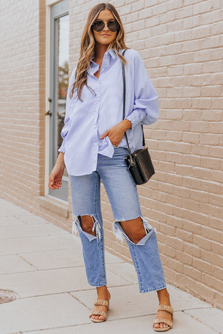 Sky Blue Smocked Cuffed Striped Boyfriend Shirt with Pocket, A Blissfully Beautiful Boutique - A Blissfully Beautiful Boutique