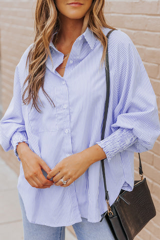 Sky Blue Smocked Cuffed Striped Boyfriend Shirt with Pocket, A Blissfully Beautiful Boutique - A Blissfully Beautiful Boutique