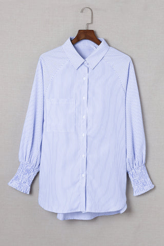 Sky Blue Smocked Cuffed Striped Boyfriend Shirt with Pocket, A Blissfully Beautiful Boutique - A Blissfully Beautiful Boutique