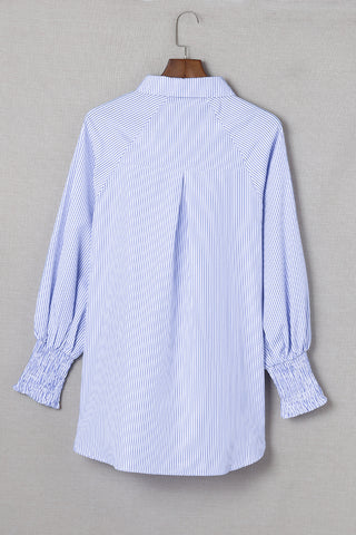 Sky Blue Smocked Cuffed Striped Boyfriend Shirt with Pocket, A Blissfully Beautiful Boutique - A Blissfully Beautiful Boutique