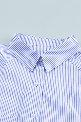 Sky Blue Smocked Cuffed Striped Boyfriend Shirt with Pocket, A Blissfully Beautiful Boutique - A Blissfully Beautiful Boutique