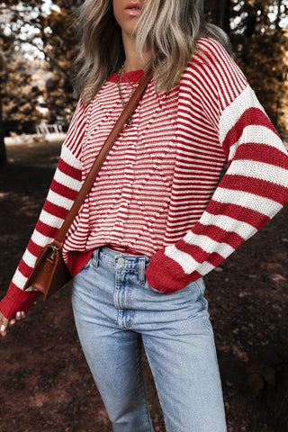 Red Stripe Geometric Textured Drop Shoulder Sweater, A Blissfully Beautiful Boutique - A Blissfully Beautiful Boutique