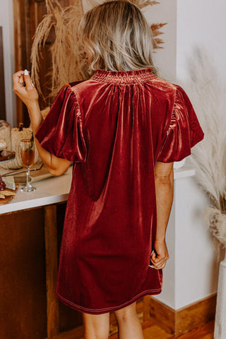 Cinnamon Velvet Smocked Neckline Puff Sleeve Shift Mini Dress, A Blissfully Beautiful Boutique - A Blissfully Beautiful Boutique
