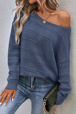 Real Teal Boat Neck Drop Shoulder Pointelle Knit Sweater, A Blissfully Beautiful Boutique - A Blissfully Beautiful Boutique