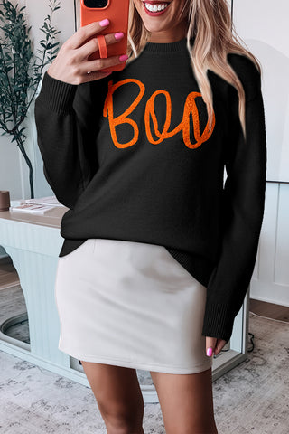 Black Boo Knitted Pattern Ribbed Edge Drop Shoulder Sweater, A Blissfully Beautiful Boutique - A Blissfully Beautiful Boutique