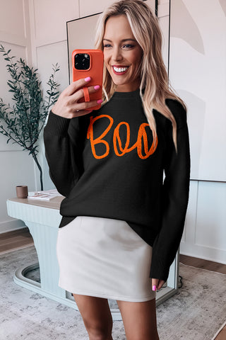 Black Boo Knitted Pattern Ribbed Edge Drop Shoulder Sweater, A Blissfully Beautiful Boutique - A Blissfully Beautiful Boutique