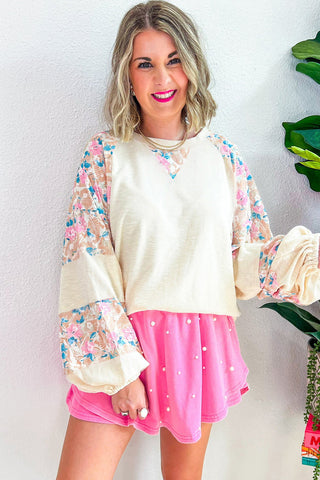 Apricot Plus Size Floral Patchwork Ribbed Puff Sleeve Top, A Blissfully Beautiful Boutique - A Blissfully Beautiful Boutique