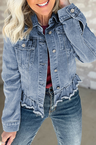 Beau Blue Ruffle Raw Hem Flap Pockets Denim Jacket, A Blissfully Beautiful Boutique - A Blissfully Beautiful Boutique