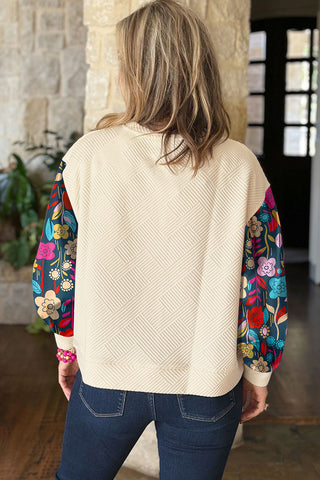 White Contrast Floral Sleeve Textured Drop Shoulder Knit Top, A Blissfully Beautiful Boutique - A Blissfully Beautiful Boutique