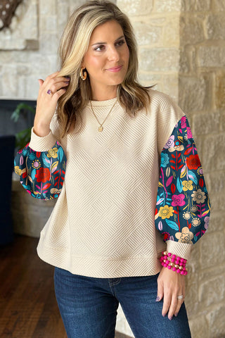 White Contrast Floral Sleeve Textured Drop Shoulder Knit Top, A Blissfully Beautiful Boutique - A Blissfully Beautiful Boutique