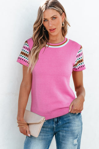 Bright Pink Contrast Printed Cap Sleeves Crewneck Sweater, A Blissfully Beautiful Boutique - A Blissfully Beautiful Boutique