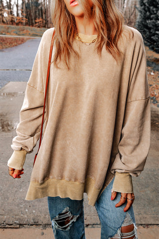 Khaki Drop Shoulder Ribbed Trim Oversized Sweatshirt, A Blissfully Beautiful Boutique - A Blissfully Beautiful Boutique