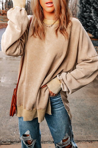 Khaki Drop Shoulder Ribbed Trim Oversized Sweatshirt, A Blissfully Beautiful Boutique - A Blissfully Beautiful Boutique