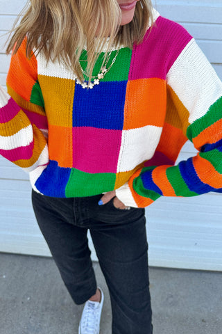 Orange Checkered Color Block Round Neck Loose Sweater, A Blissfully Beautiful Boutique - A Blissfully Beautiful Boutique
