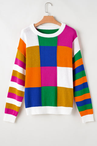 Orange Checkered Color Block Round Neck Loose Sweater, A Blissfully Beautiful Boutique - A Blissfully Beautiful Boutique